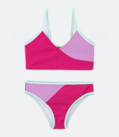 Bikini Infantil Acanalado Con Bloques De Color Y Bies Contrastante