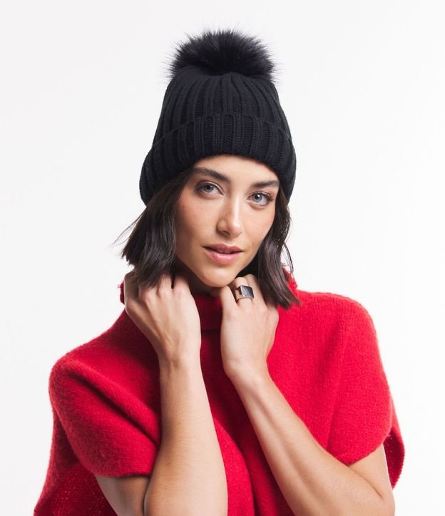Gorro de Punto Acanalado con Pompón y Bajo Plegado