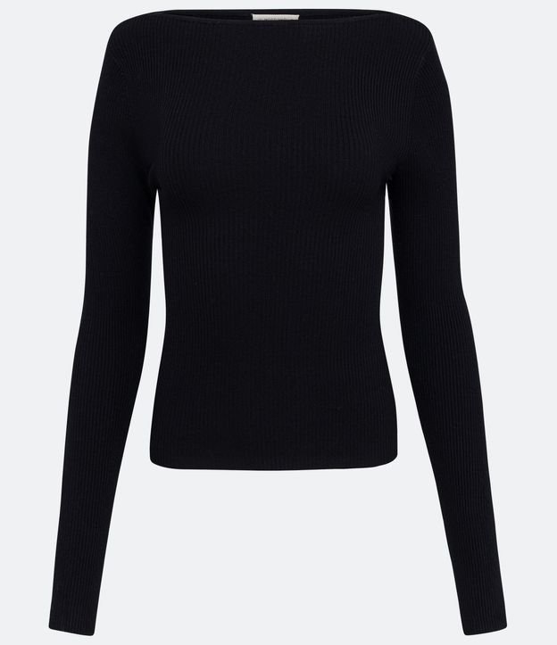 Blusa de Punto Acanalado con Cuello Barco y Mangas Largas