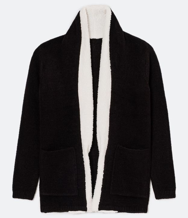 Saco Cardigan Alargado en Punto con Cuello de Pelinhos y Bolsos