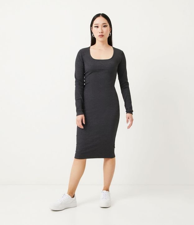 Vestido Midi en Algodón Acanalado con Escote Cuadrado