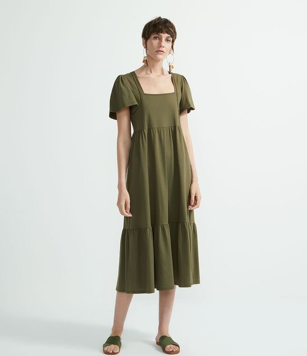 Vestido Midi en Algodón con Entremedios y Volantes Marias