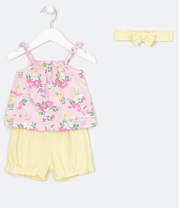 Conjunto Infantil Blusa con Estampado Floral Short Rayado y Accesorio para el Pelo - Talle 0 a 18 meses