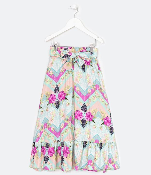Pollera Infantil Larga en Viscosa con Estampado Etnico Floral - Talle 5 a 14 años