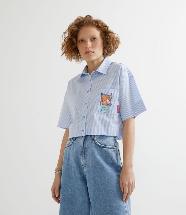 Camisa Cropped en Algodón con Rayas y Bolsillo Estampado Flintstones