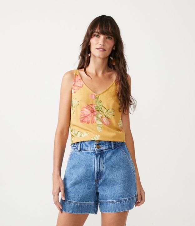 Blusa Musculosa en Viscosa con Estampado de Hojas