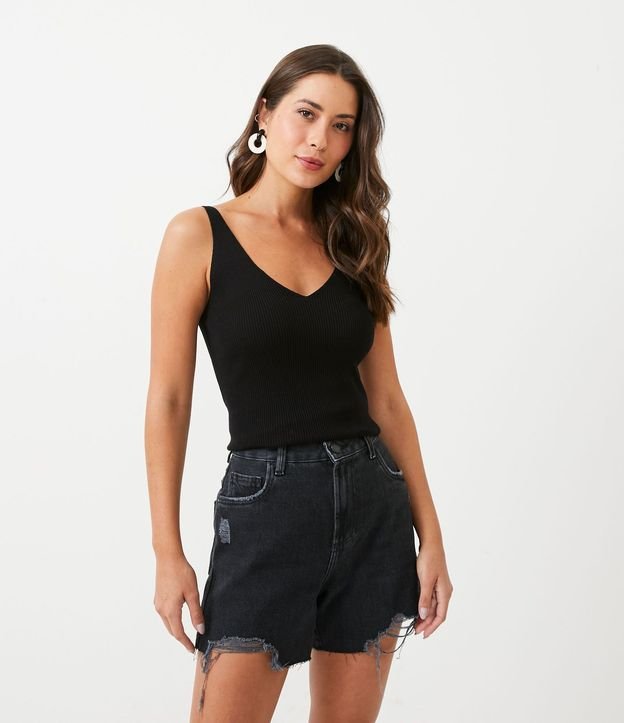 Blusa Musculosa en Punto Acanalado con Escote V