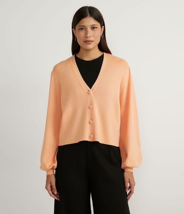 Chaqueta Corta de Punto con Manga Abullonada y Botones Forrados
