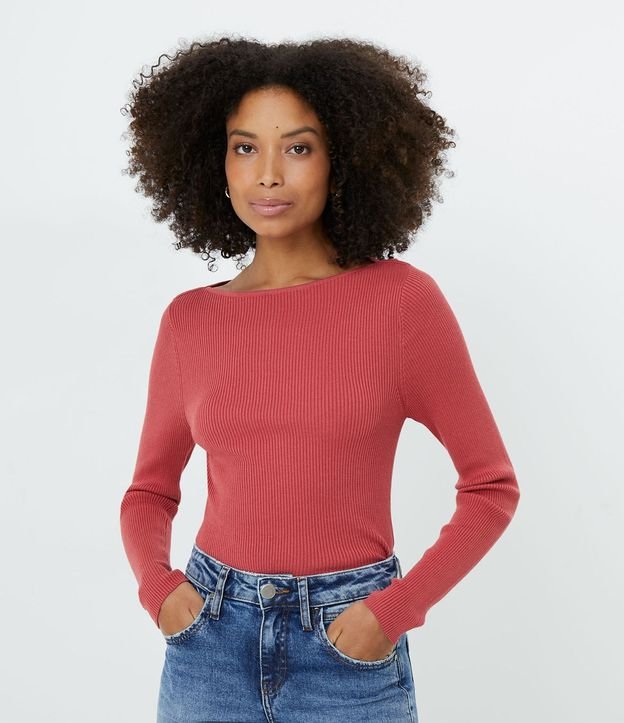 Blusa de Punto Acanalado con Cuello Barco y Mangas Largas