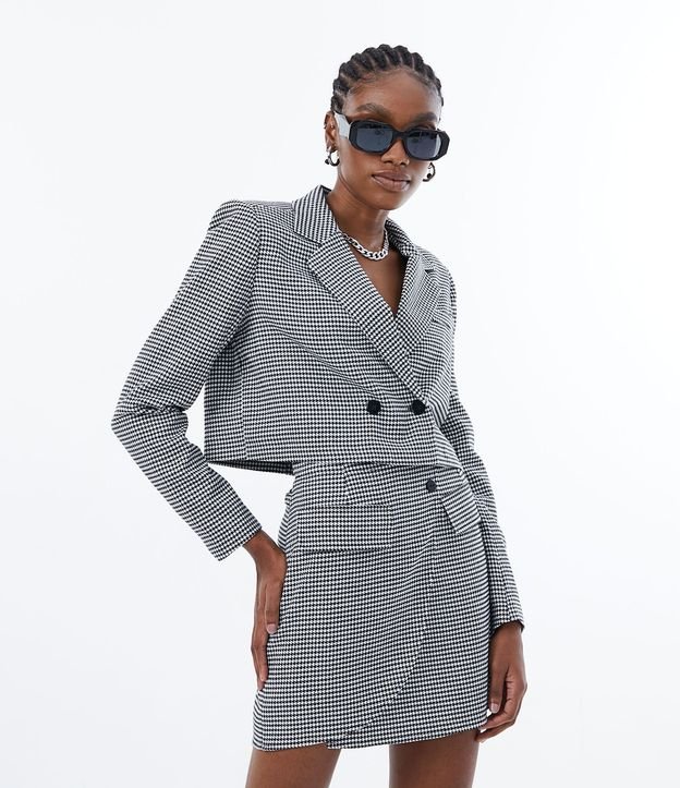 Blazer Cropped Sastrería con Estampado Pied-de-Poule