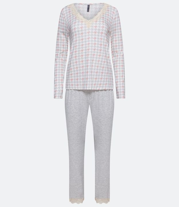 Pijama Largo en Viscolycra con Estampado Cuadrillé Pied-de-poule 7