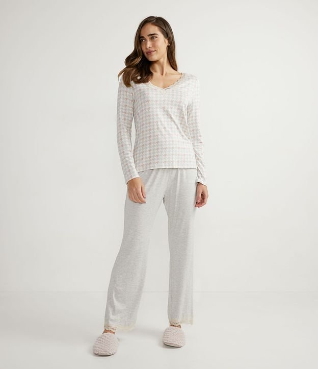Pijama Largo en Viscolycra con Estampado Cuadrillé Pied-de-poule