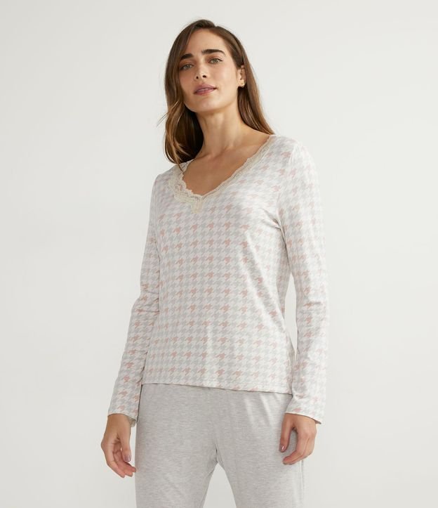 Pijama Largo en Viscolycra con Estampado Cuadrillé Pied-de-poule 3