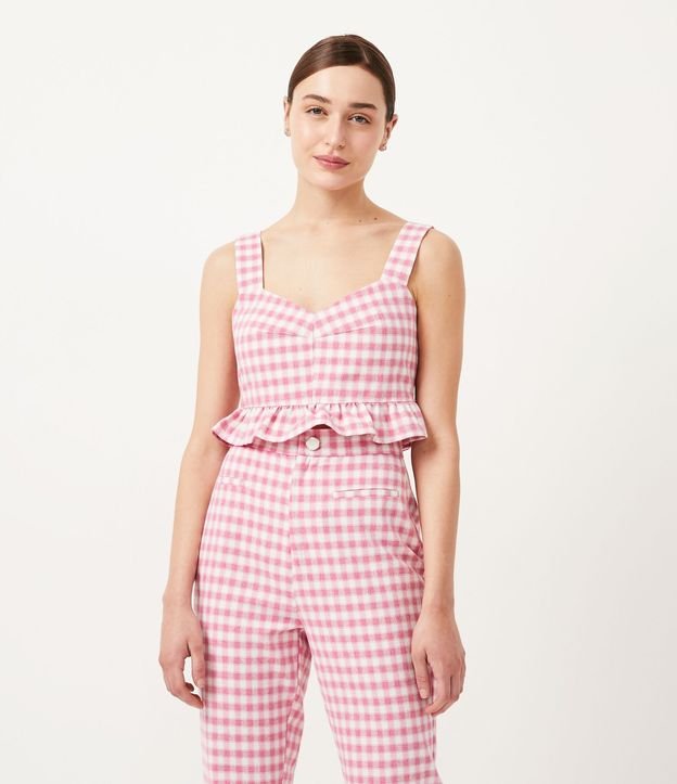 Blusa Musculosa Cropped en Lino de Cuadros Pied-de-Poule
