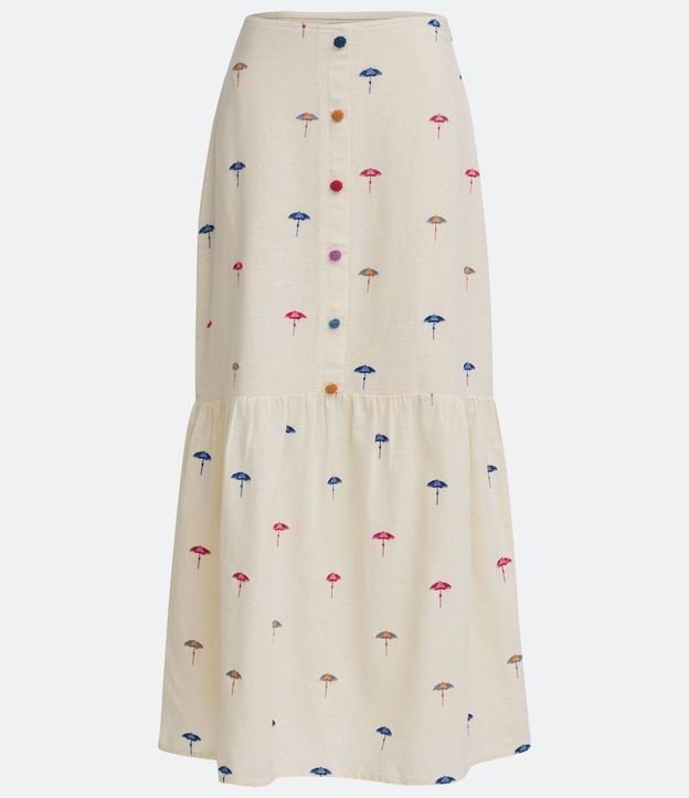 Pollera New Midi en Lino con Recorte Fruncido y Estampado Guarda-Sóis