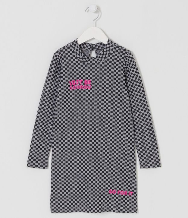 Vestido Infantil con Patrón Cuadrillé Grid y Bordado Neón - Talle 5 a 14 años