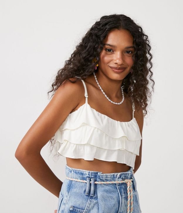 Blusa Cropped de Tirantes en Lino con Volados