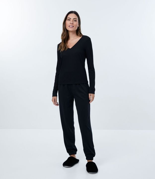 Blusa de Pijama en Viscolycra Acanalada con Manga Larga