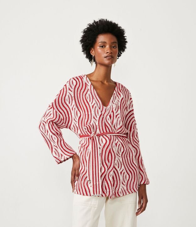 Cardigan Alargado de Punto con Lazo y Estampado Geométrico