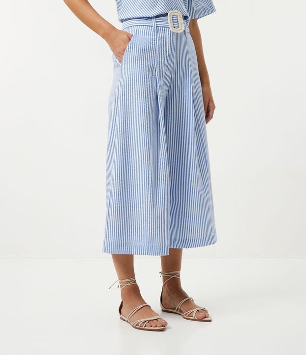 Pantalón Pantacourt en Algodón con Estampado de Rayas y Cinturón 2
