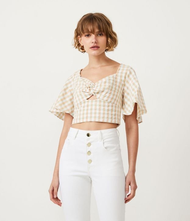 Blusa Cropped en Algodón con Escote Corazón y Recorte Vazado