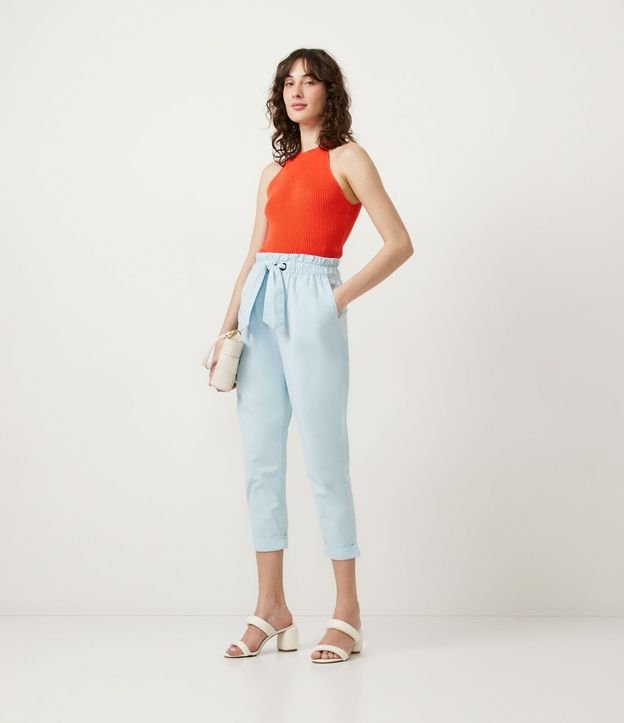 Pantalón Baggy en Sarga con Cintura Elástica y Banda para Amarre