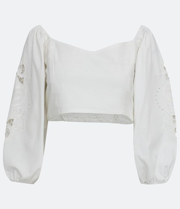 Blusa Corta en Algodón con Bordado y Manga Abullonada 6