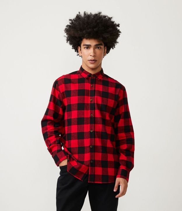 Camisa Regular en Franela de Cuadros y Manga Larga