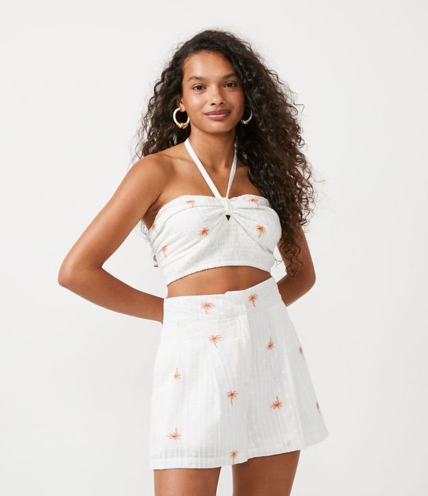 Blusa Cropped Espalda Escotada en Algodón con Bordados Cocoteros