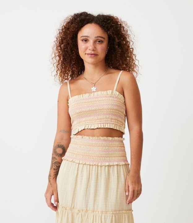 Blusa Cropped de Tirantes en Algodón con Lastex y Rayas Contrastantes