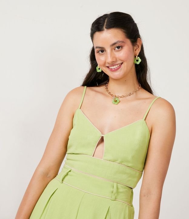 Blusa Cropped de Tirantes en Lino con Pipping Contrastante