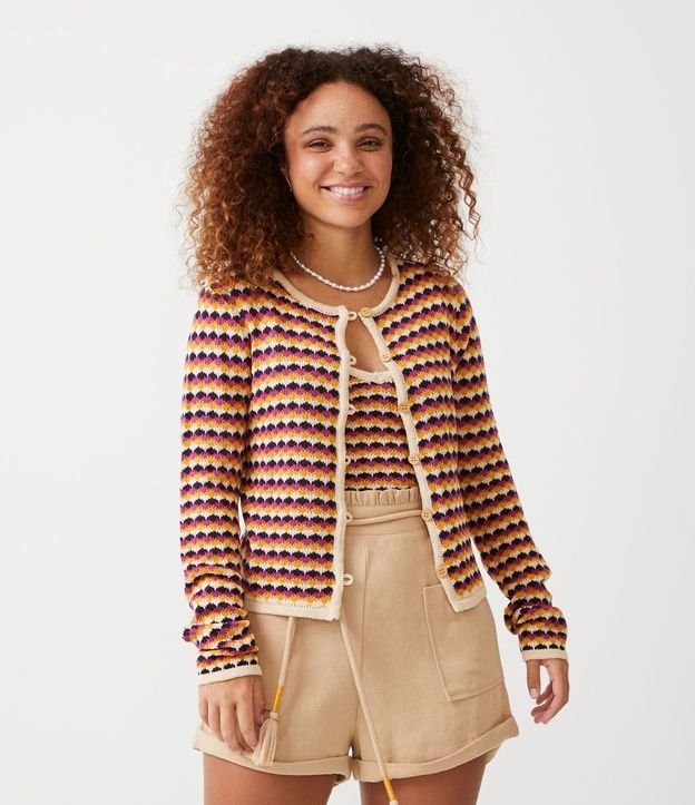 Chaqueta de Punto con Botones de Madera y Rayas Diferenciadas