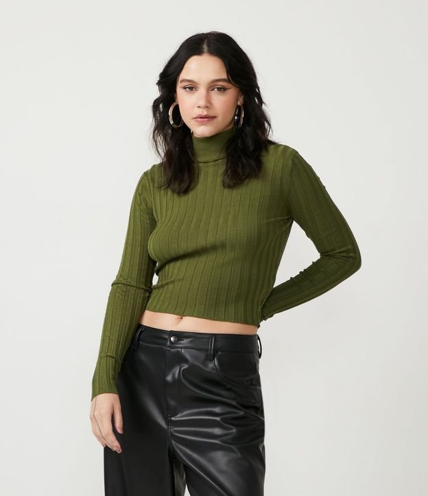 Blusa de Punto Acanalado con Cuello Alto y Manga Larga