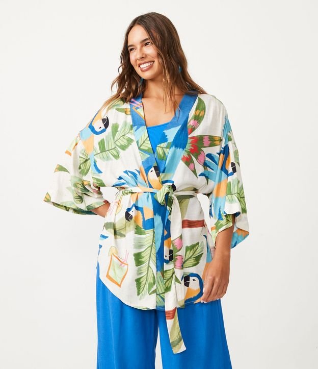 Kimono Alargado en Viscosa con Estampado Tropical
