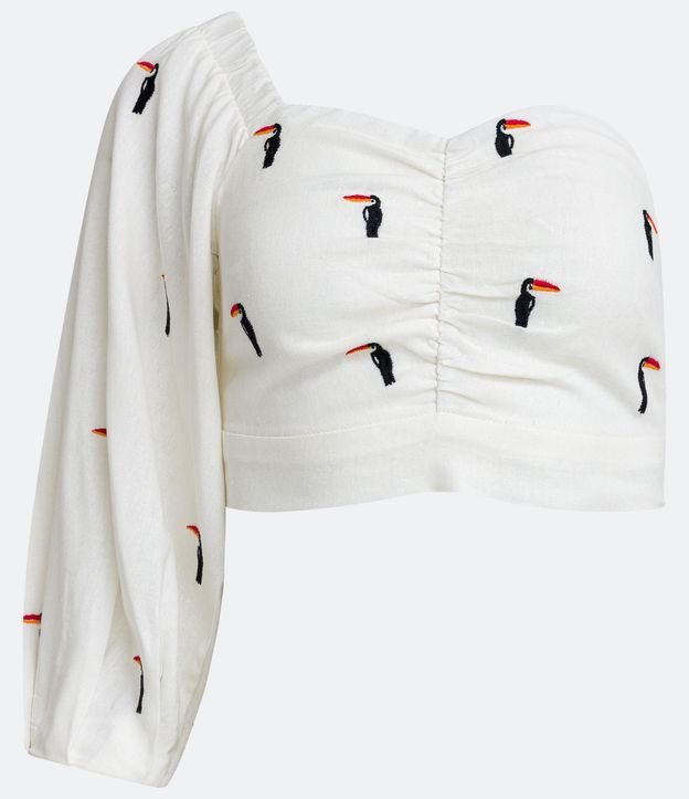 Blusa Cropped Hombro Asimétrico en Lino con Bordados de Tucanos 5