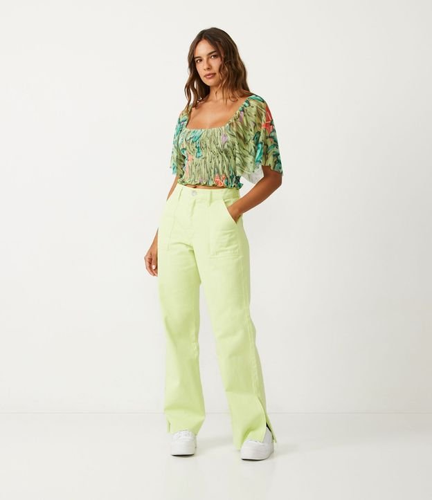 Blusa Cropped en Tul con Manga Amplia y Estampado Banana 2