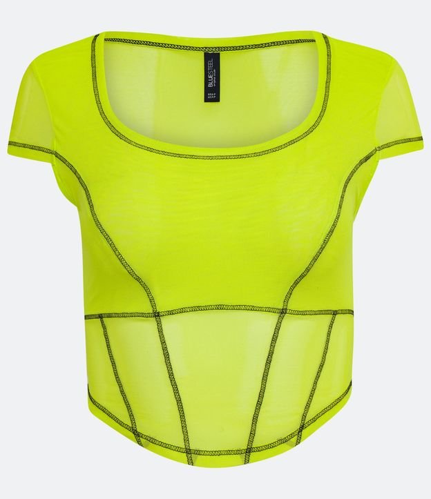Blusa en Tul con Manga Corta y Pespuntos Contrastantes
