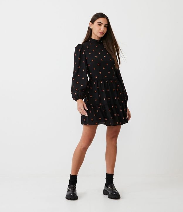 Vestido Corto en Chiffon con Manga Larga y Estampado Corazones 2