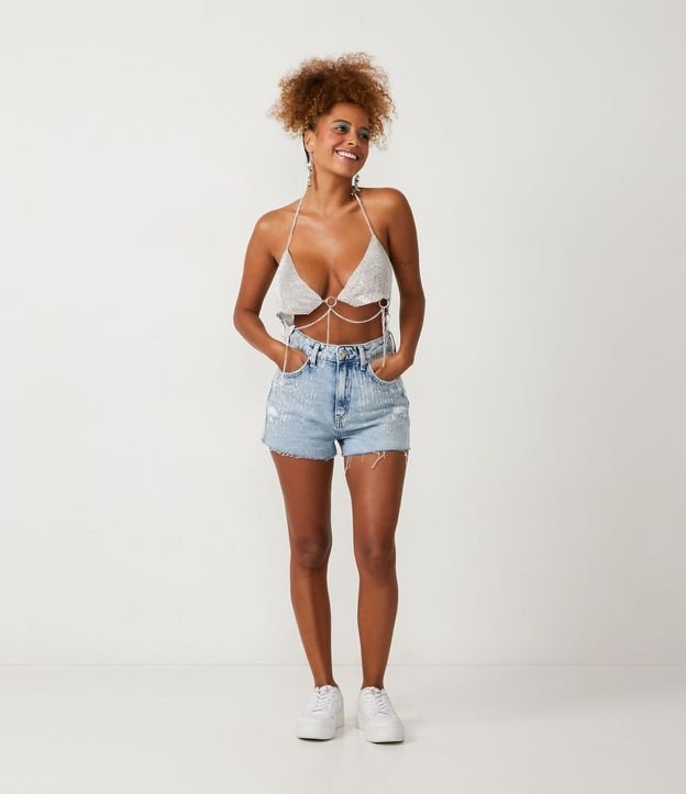 Short Cintura Alta en Jeans con Detalles Brillantes y Estrellas