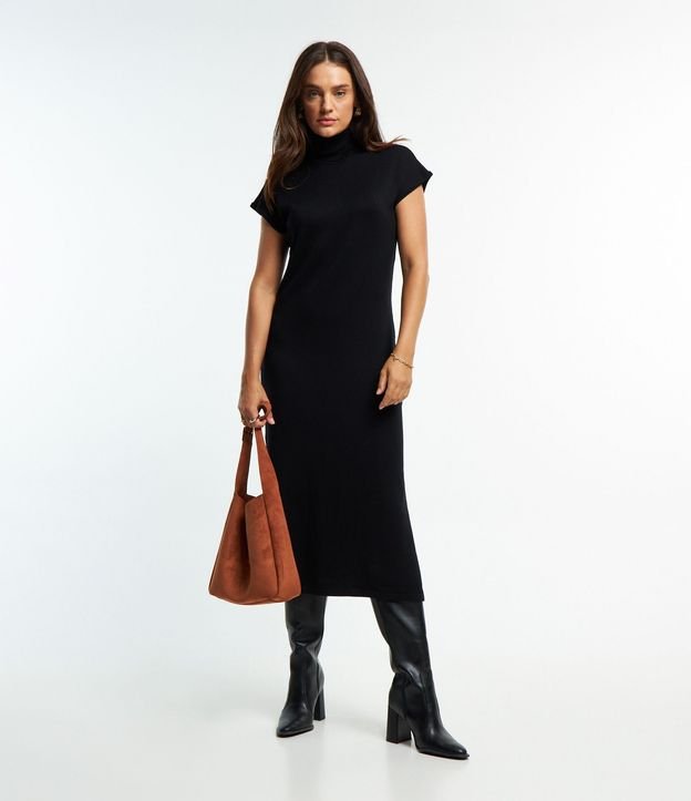 Vestido Midi en Punto con Cuello Alto y Manga Corta sin Sisa 2