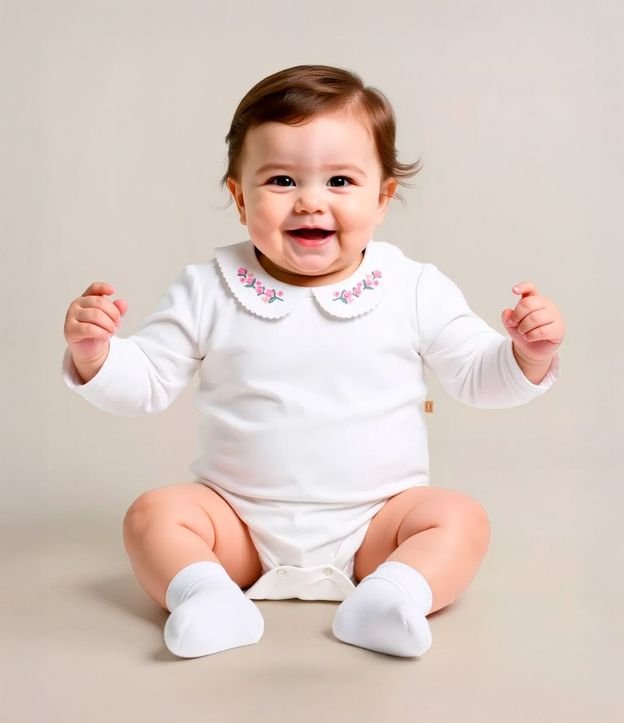 Body Infantil en Suedine con Bordado de Flor y Cuello Muñeca - Talle RN a 24 meses