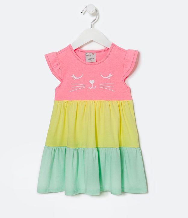 Vestido Marias Infantil Neón con Estampado Cara de Gatito - Talle 1 a 5 años