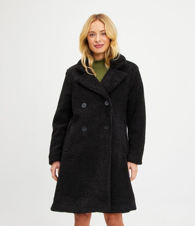 Campera Alargada en Sherpa con Bolsillos y Cierre Cruzado con Botones