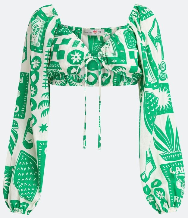 Blusa Cropped en Tricolina con Manga Abullonada y Estampado Iconos Divertidos 5