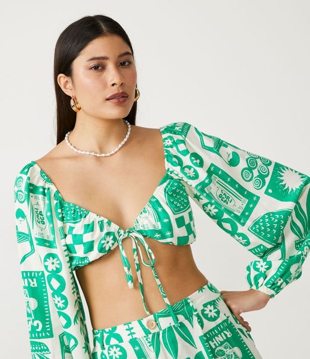 Blusa Cropped en Tricolina con Manga Abullonada y Estampado Iconos Divertidos 4