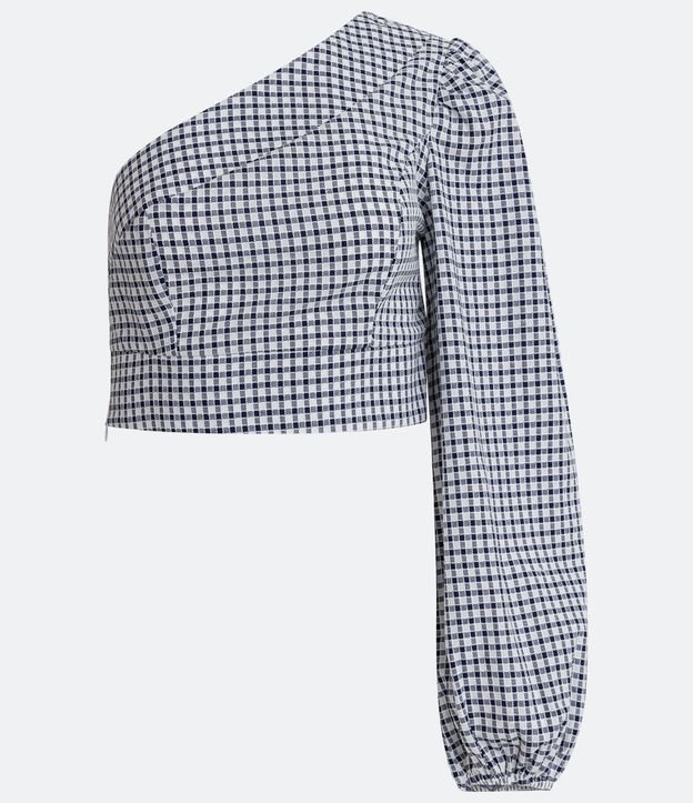 Blusa Cropped en Algodón de Cuadros con Escote Hombro Unico