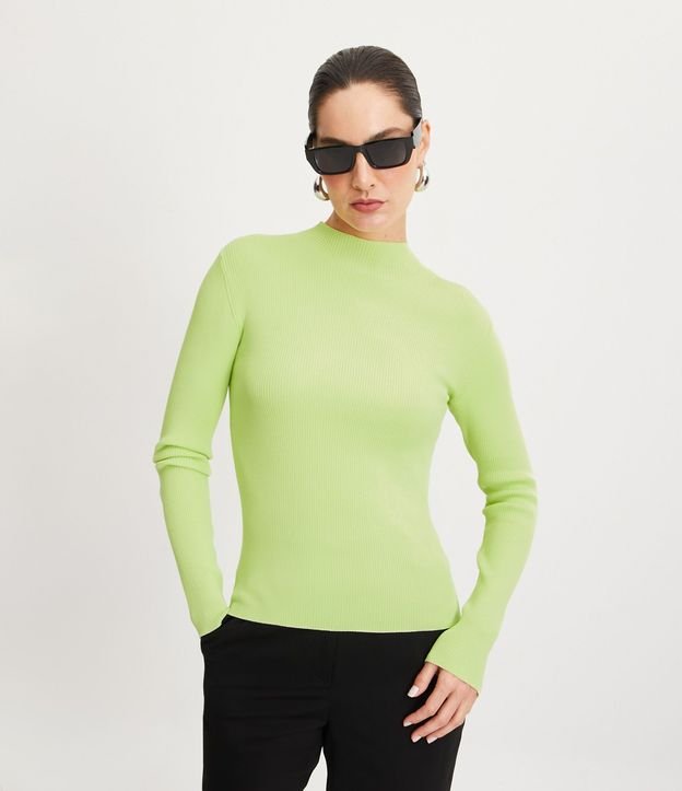 Blusa Básica en Tejido de Punto Acanalada con Cuello Alto