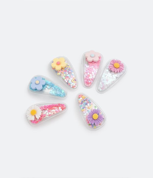Kit 06 Pinzas para el Pelo Infantiles Flores con Corazones Coloridos