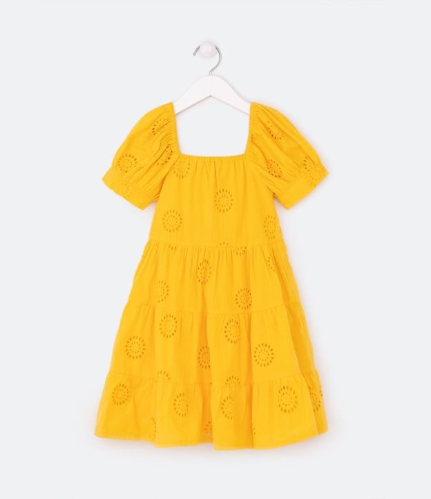 Vestido Infantil con Manga Abullonada y Bordado de Flores - Talle 5 a 14 años