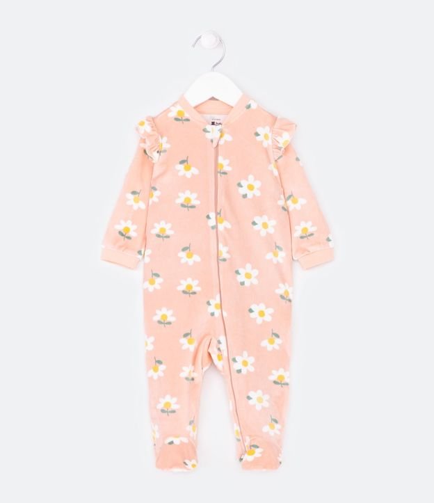 Mono Infantil en Plush con Volado y Estampado de Florzitas - Talle 0 a 18 meses